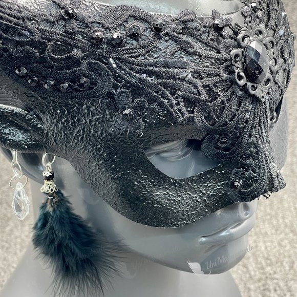 Black Fairy Devil Horn with Earring Sexy Venetian Masquerade Women Party Mask - Picture 3 of 3